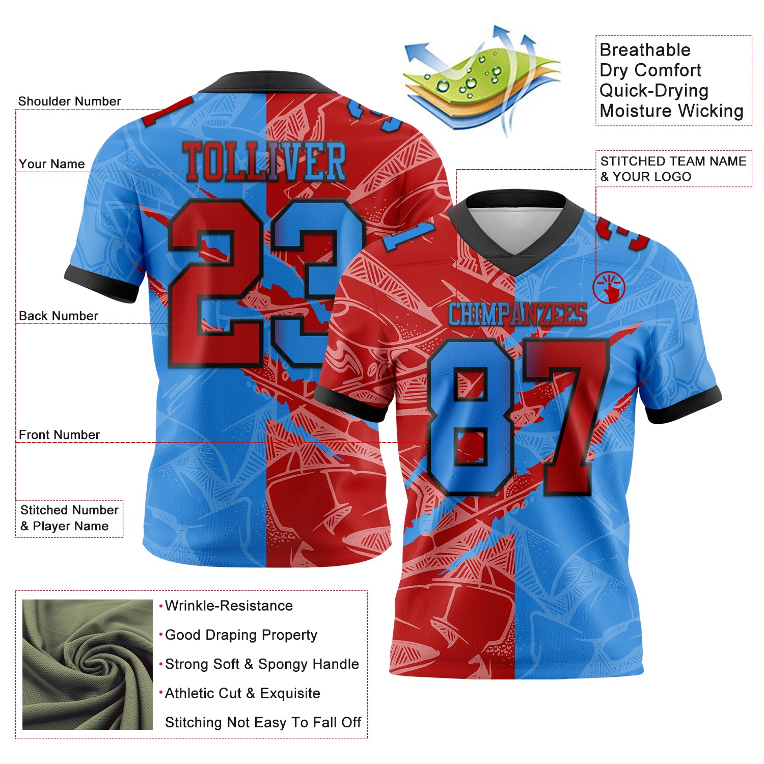 Custom Powder Blue Red-Navy Authentic Gradient Fashion Scratch Football Jersey
