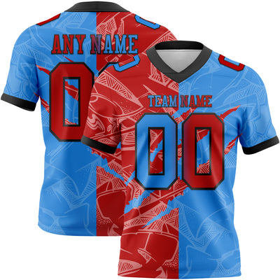 Custom Powder Blue Red-Navy Authentic Gradient Fashion Scratch Football Jersey