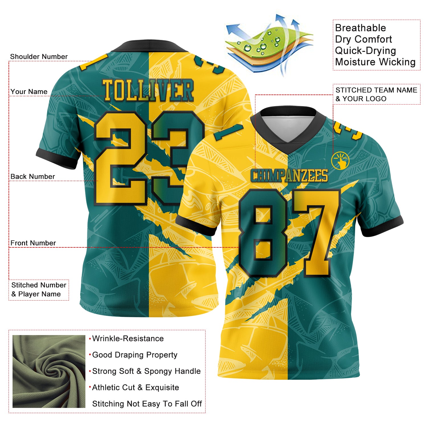 Custom Teal Yellow-Black Authentic Gradient Fashion Scratch Football Jersey