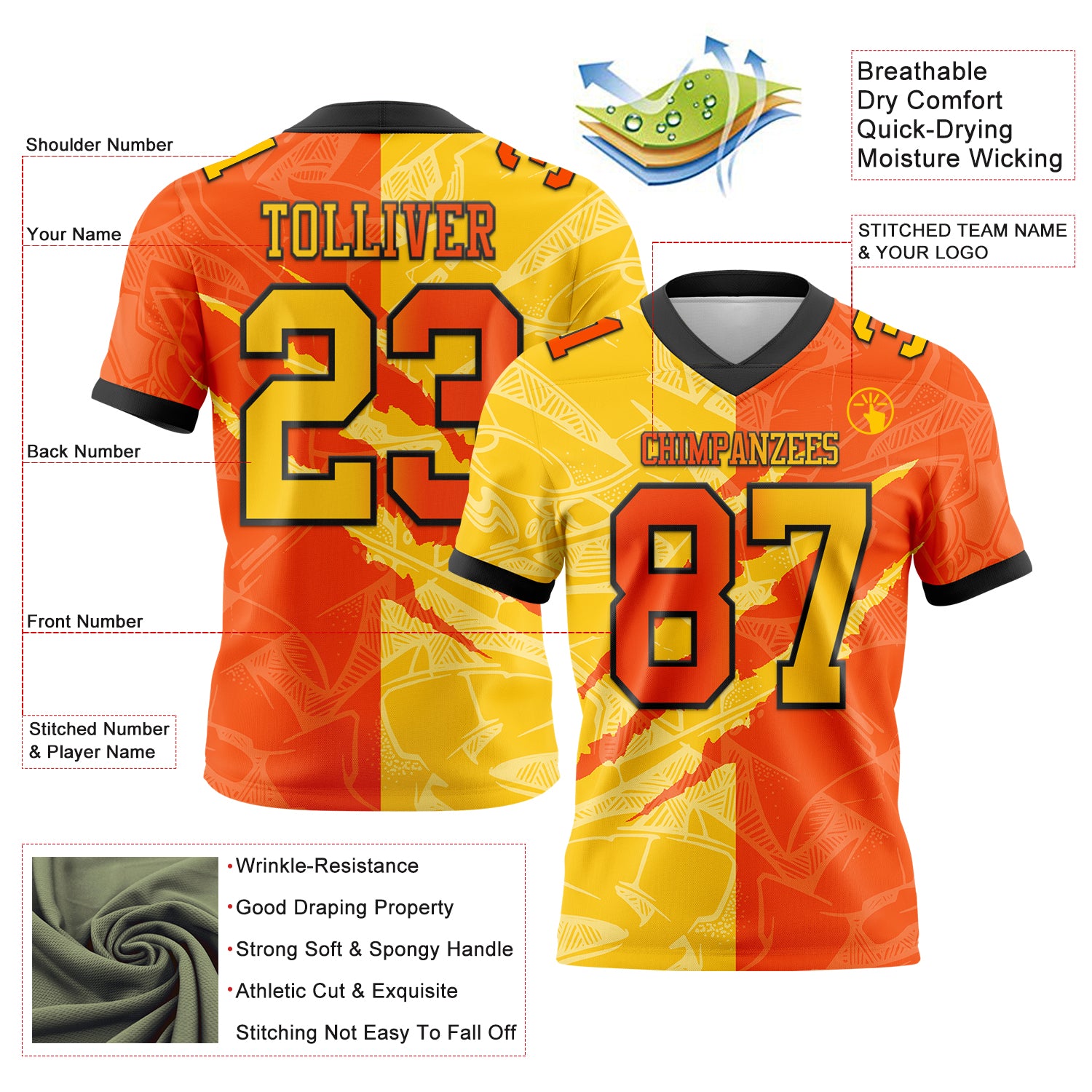 Custom Orange Yellow-Black Authentic Gradient Fashion Scratch Football Jersey