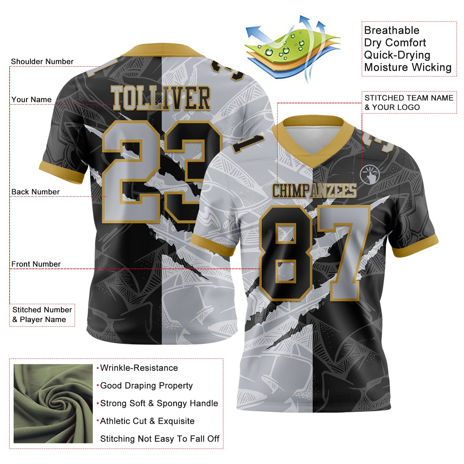 Custom Black Gray-Old Gold Authentic Gradient Fashion Scratch Football Jersey