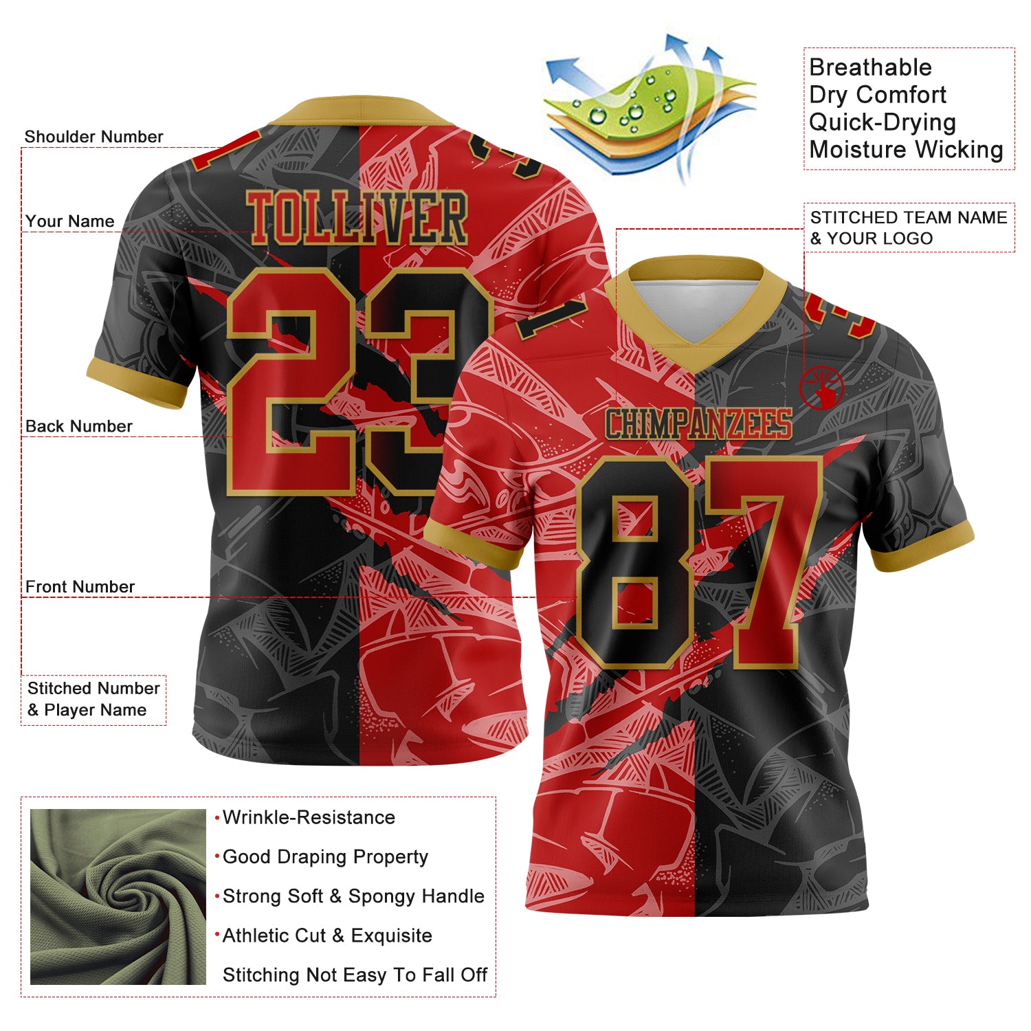 Custom Black Red-Old Gold Authentic Gradient Fashion Scratch Football Jersey