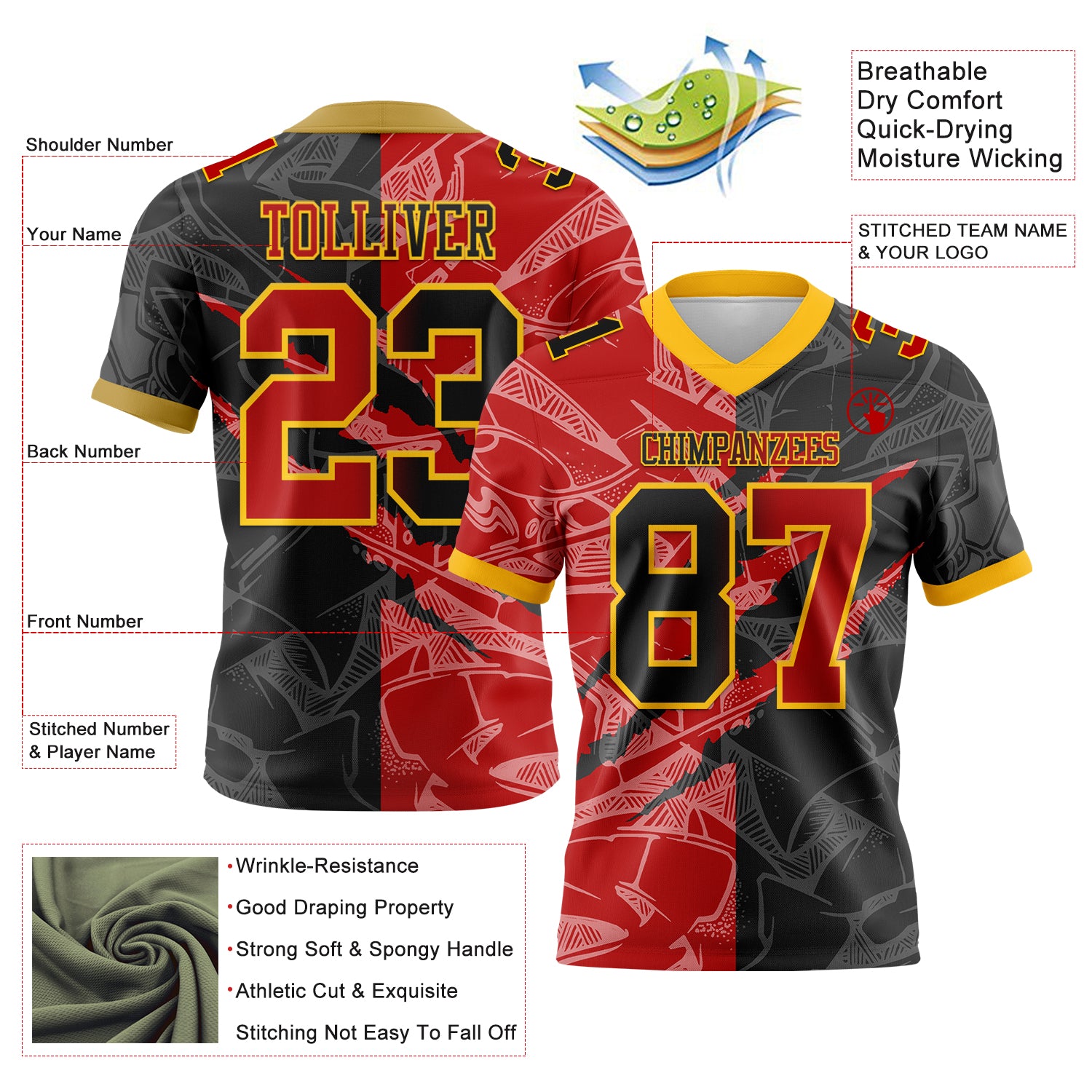 Custom Black Red-Gold Authentic Gradient Fashion Scratch Football Jersey