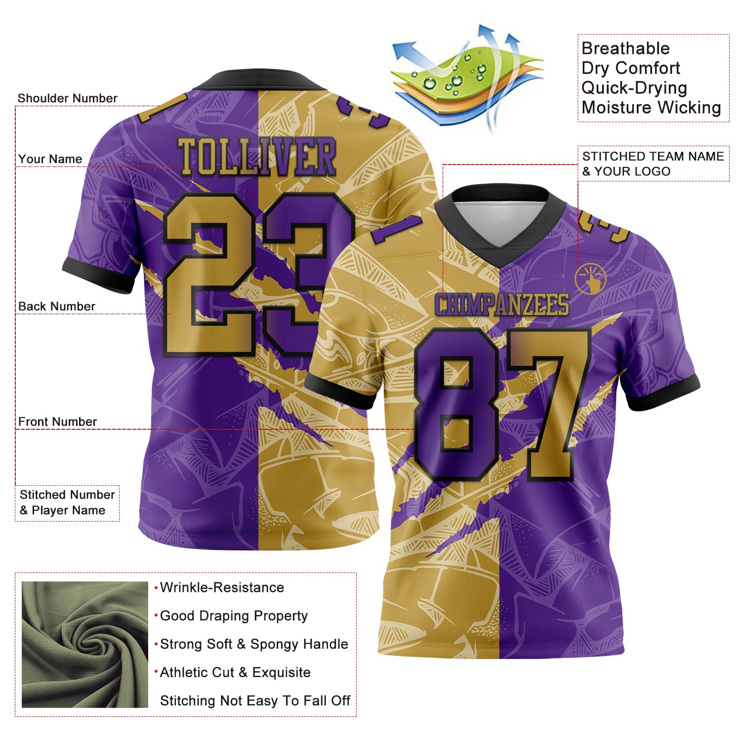 Custom Purple Old Gold-Black Authentic Gradient Fashion Scratch Football Jersey