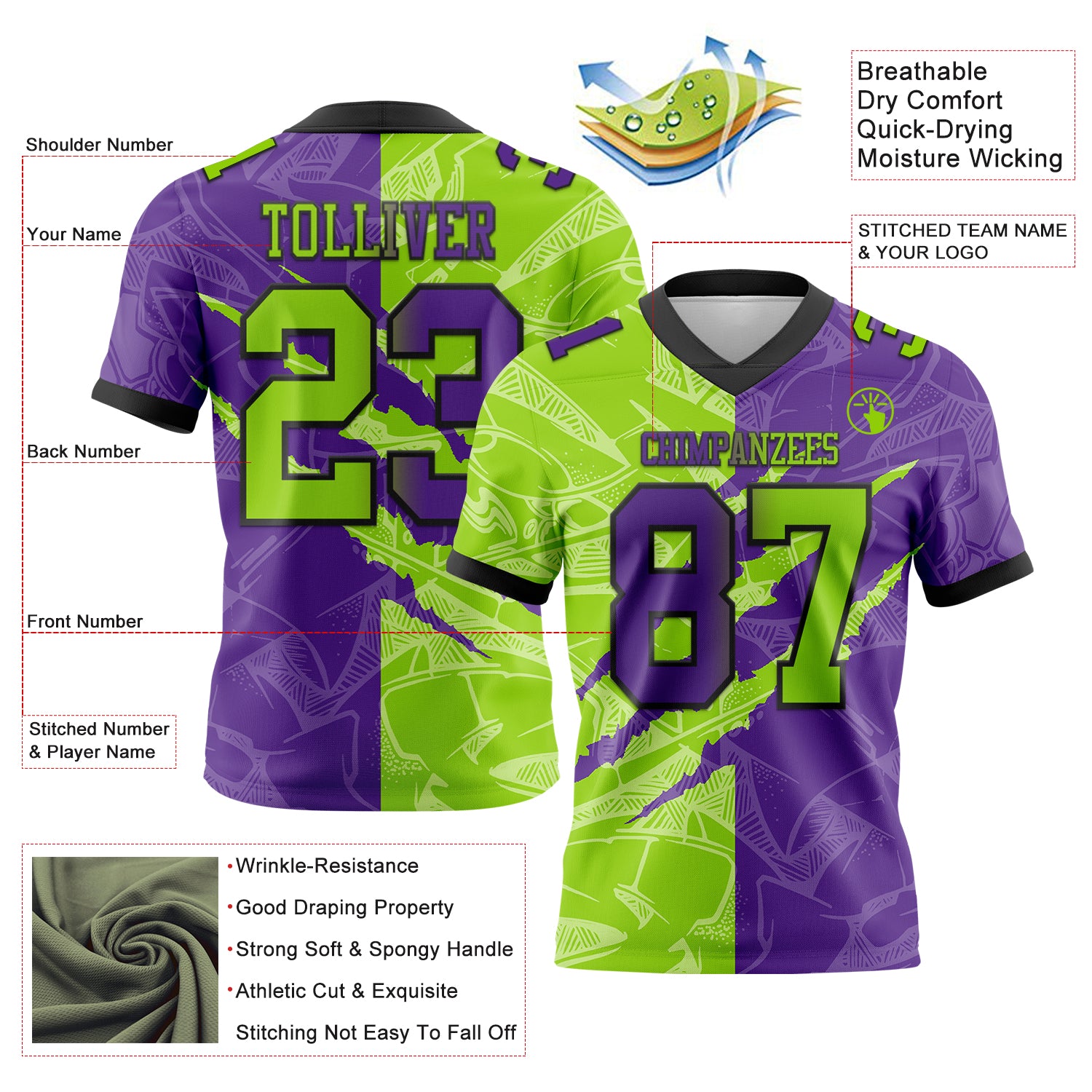Custom Purple Neon Green-Black Authentic Gradient Fashion Scratch Football Jersey
