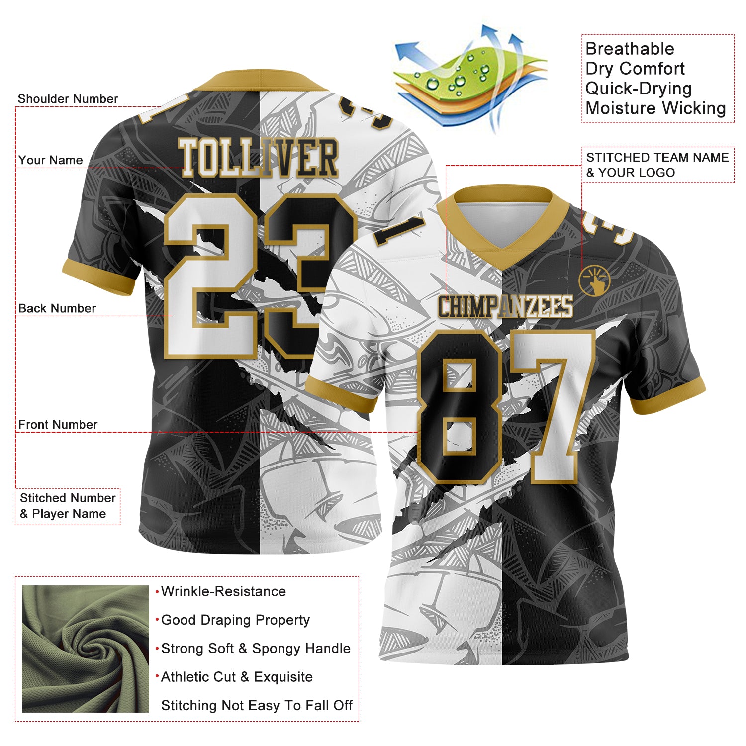 Custom Black White-Old Gold Authentic Gradient Fashion Scratch Football Jersey