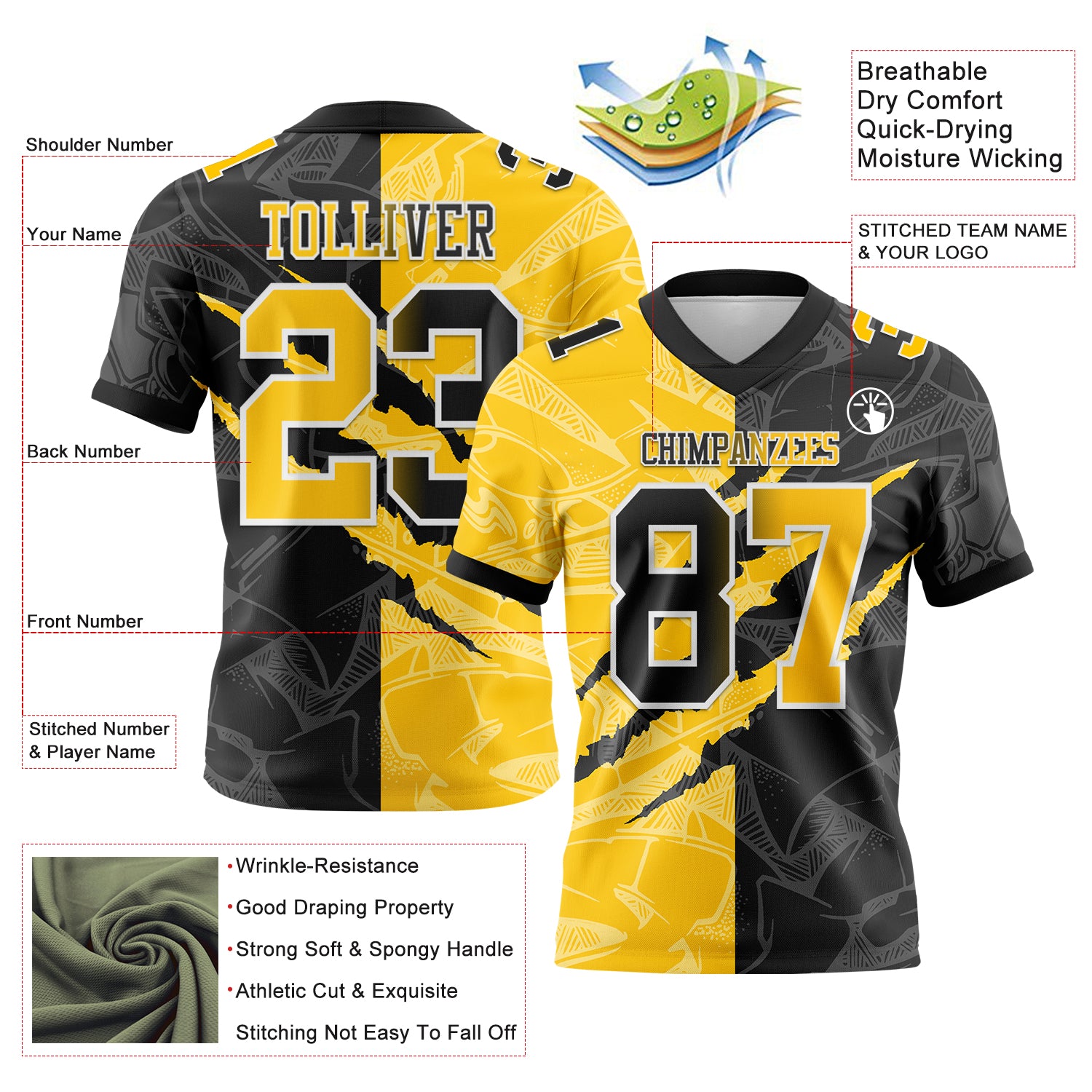 Custom Black Yellow-White Authentic Gradient Fashion Scratch Football Jersey