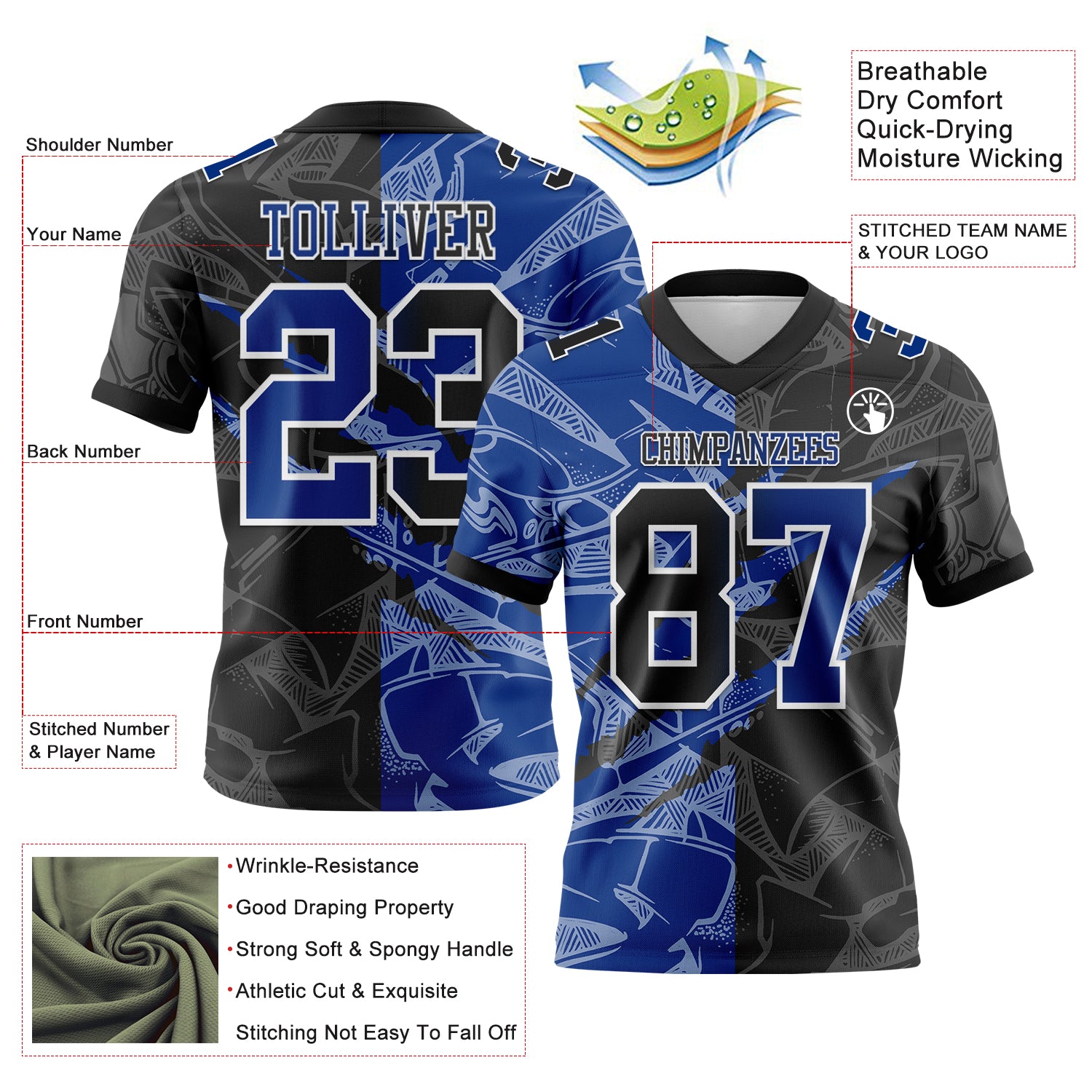 Custom Black Royal-White Authentic Gradient Fashion Scratch Football Jersey