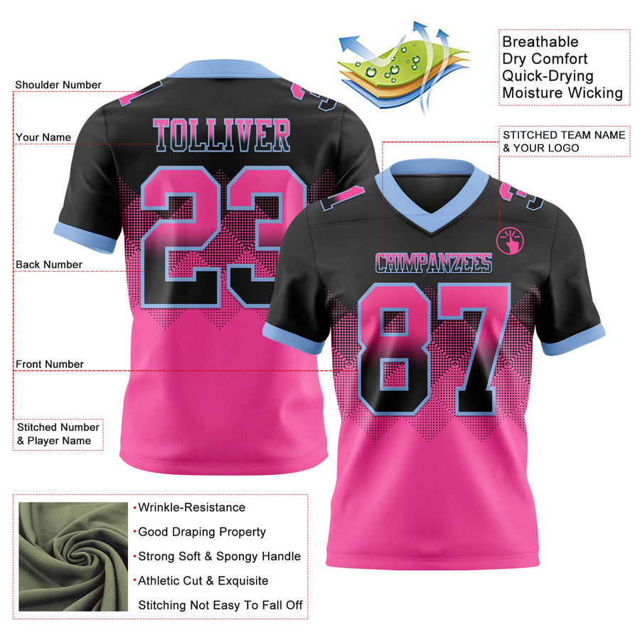 Custom Black Pink-Light Blue Authentic Gradient Square Shape Flag Football Jersey