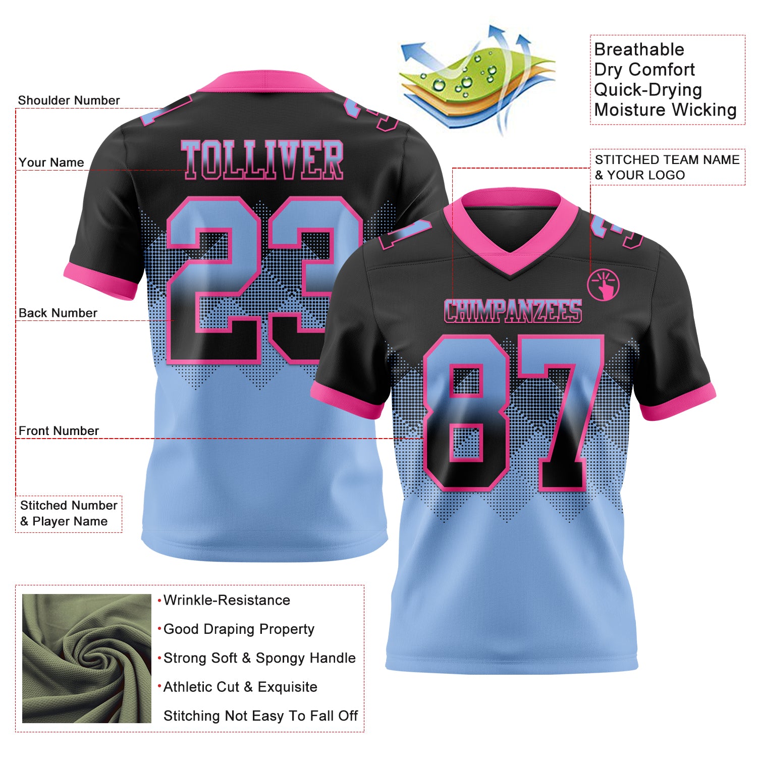 Custom Black Light Blue-Pink Authentic Gradient Square Shape Flag Football Jersey