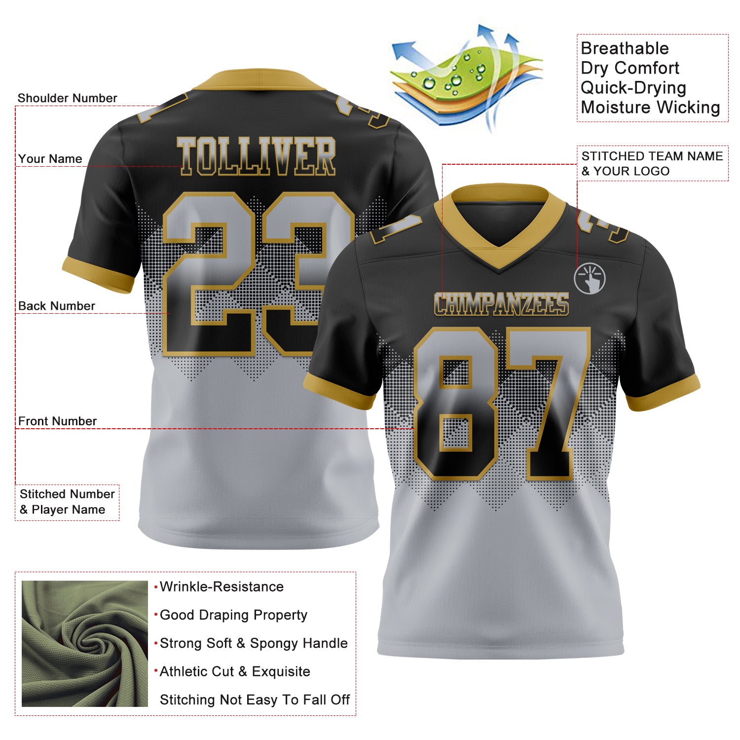 Custom Black Gray-Old Gold Authentic Gradient Square Shape Flag Football Jersey