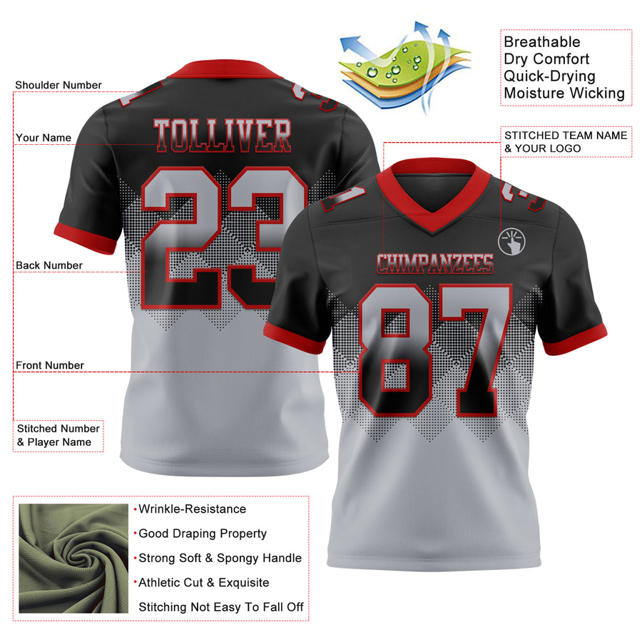 Custom Black Gray-Red Authentic Gradient Square Shape Flag Football Jersey