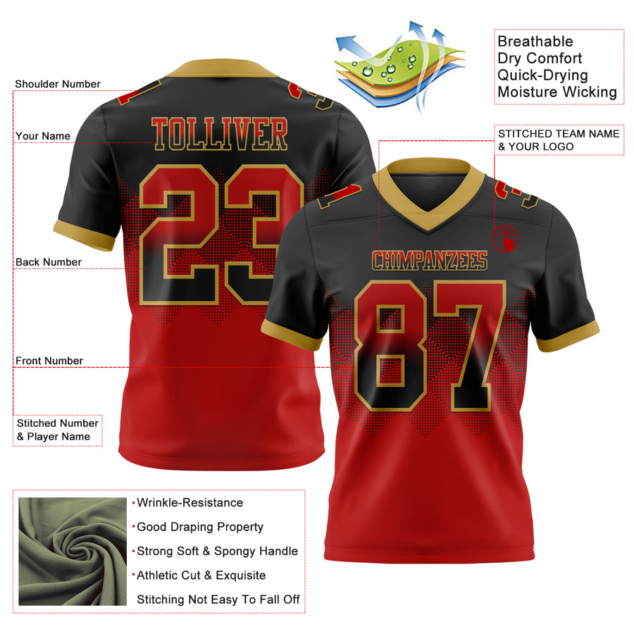 Custom Black Red-Old Gold Authentic Gradient Square Shape Flag Football Jersey
