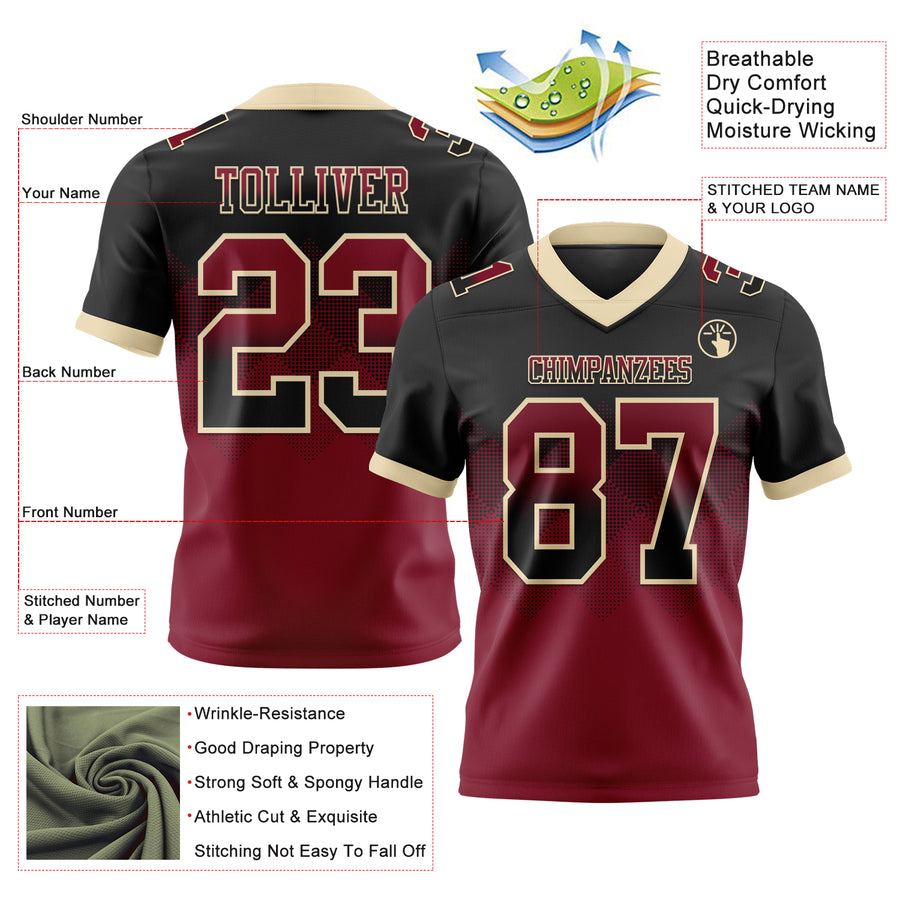 Custom Black Crimson-Cream Authentic Gradient Square Shape Flag Football Jersey