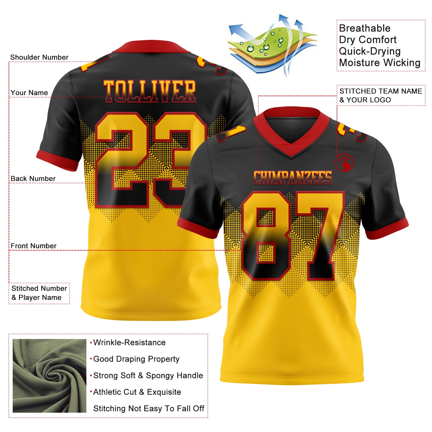 Custom Black Yellow-Red Authentic Gradient Square Shape Flag Football Jersey