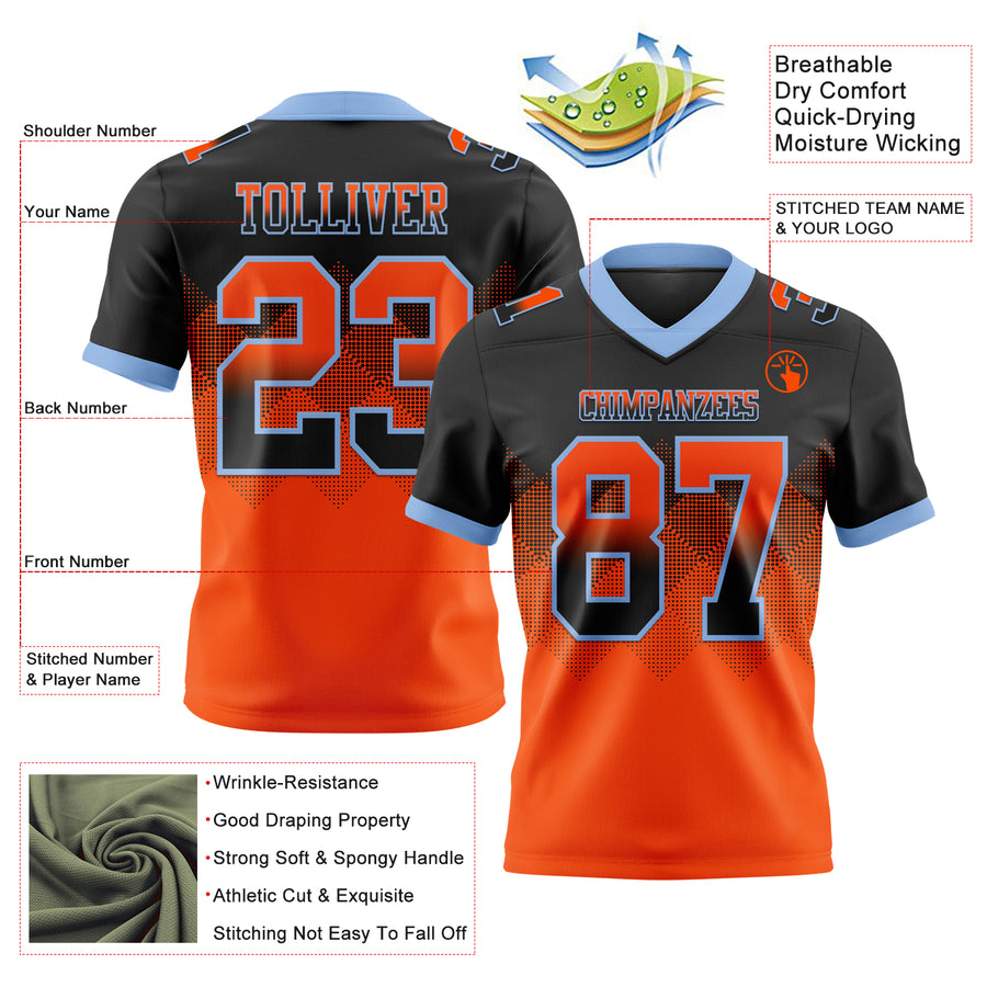 Custom Black Orange-Light Blue Authentic Gradient Square Shape Flag Football Jersey