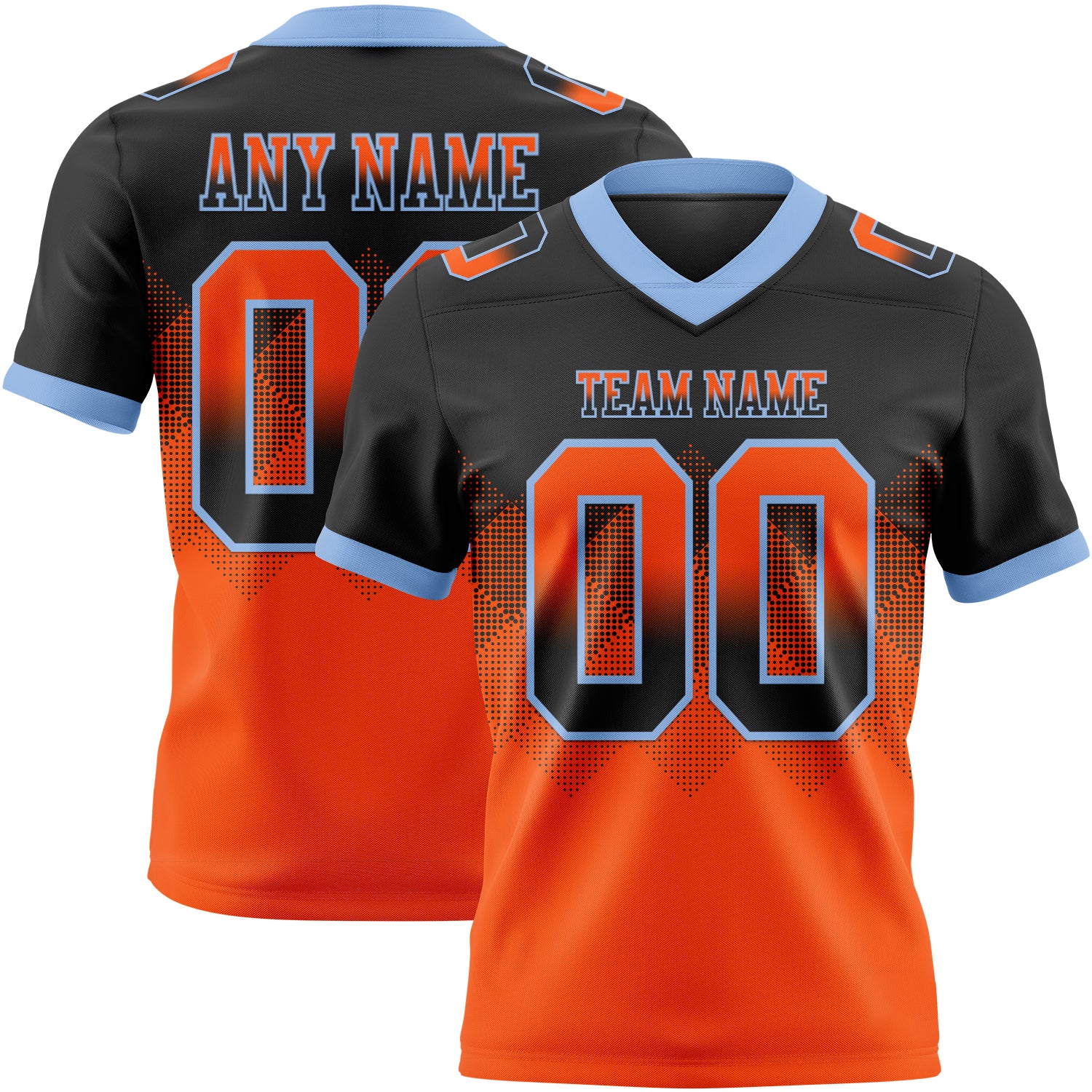 Custom Black Orange-Light Blue Authentic Gradient Square Shape Flag Football Jersey