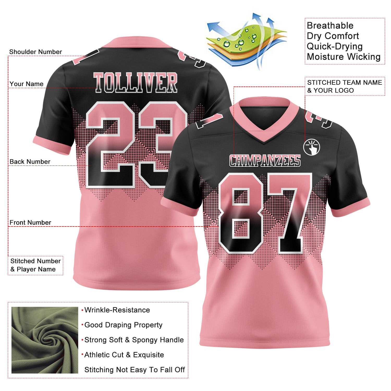 Custom Black Medium Pink-White Authentic Gradient Square Shape Flag Football Jersey