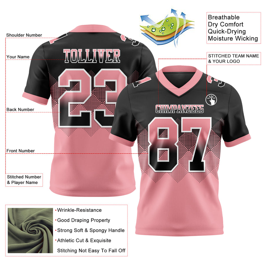 Custom Black Medium Pink-White Authentic Gradient Square Shape Flag Football Jersey
