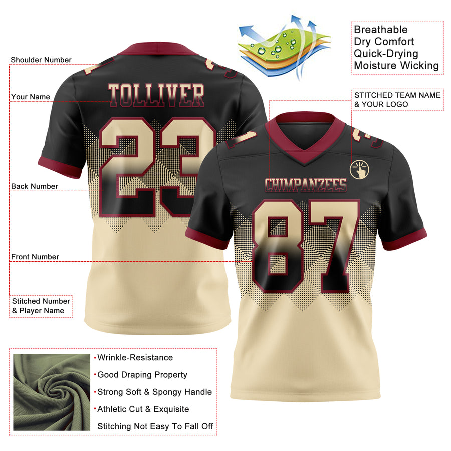 Custom Black Cream-Crimson Authentic Gradient Square Shape Flag Football Jersey