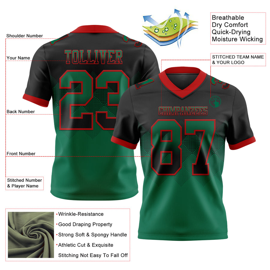 Custom Black Kelly Green-Red Authentic Gradient Square Shape Flag Football Jersey