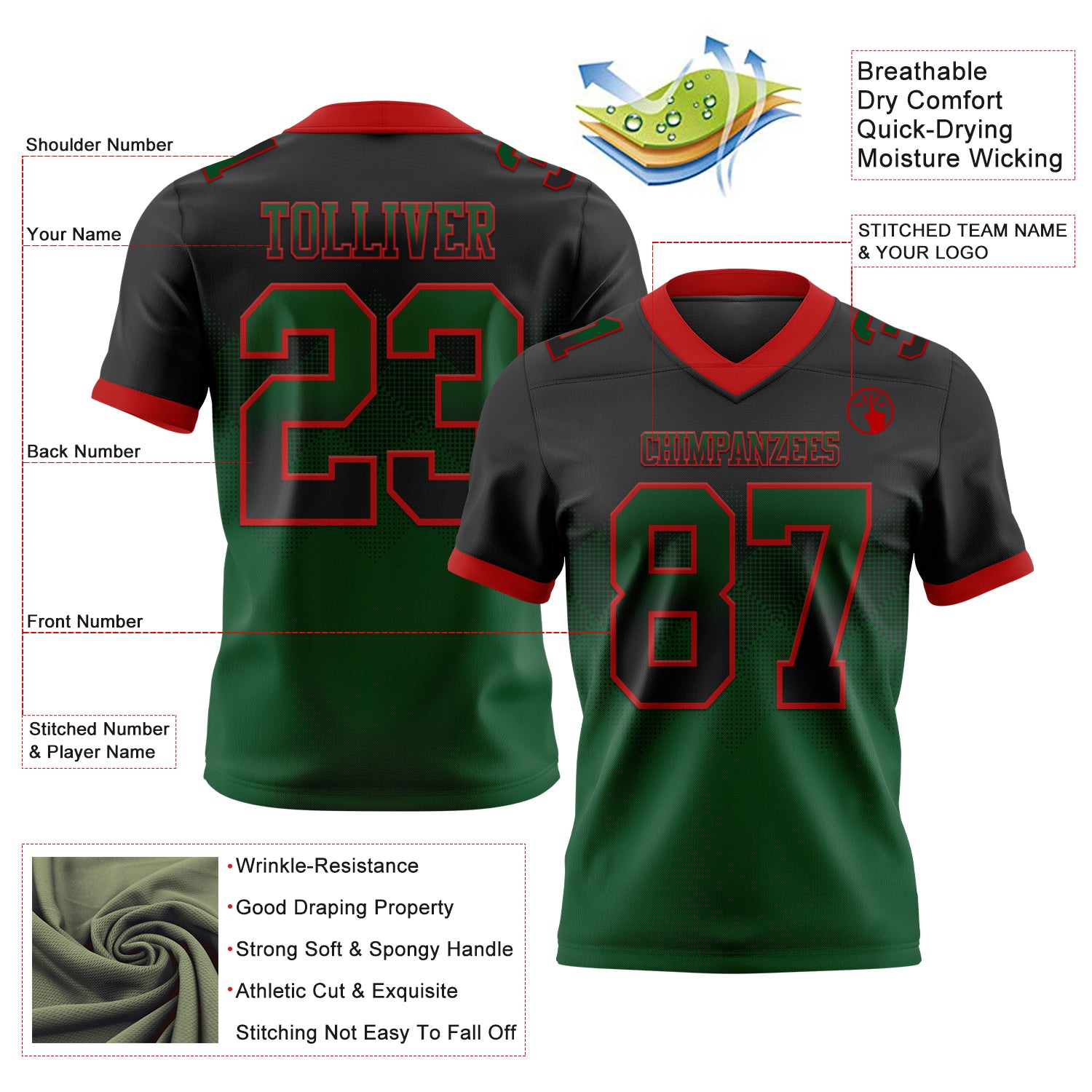 Custom Black Green-Red Authentic Gradient Square Shape Flag Football Jersey