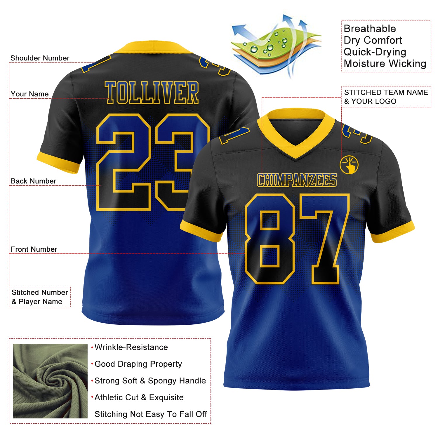 Custom Black Royal-Yellow Authentic Gradient Square Shape Flag Football Jersey