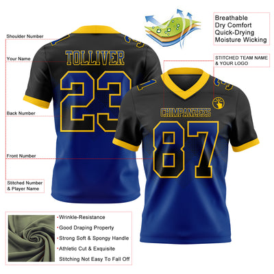 Custom Black Royal-Yellow Authentic Gradient Square Shape Flag Football Jersey