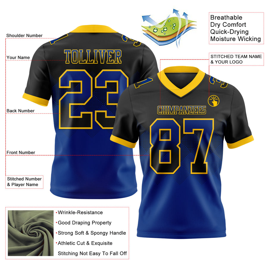 Custom Black Royal-Yellow Authentic Gradient Square Shape Flag Football Jersey