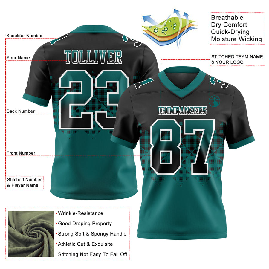 Custom Black Teal-White Authentic Gradient Square Shape Flag Football Jersey