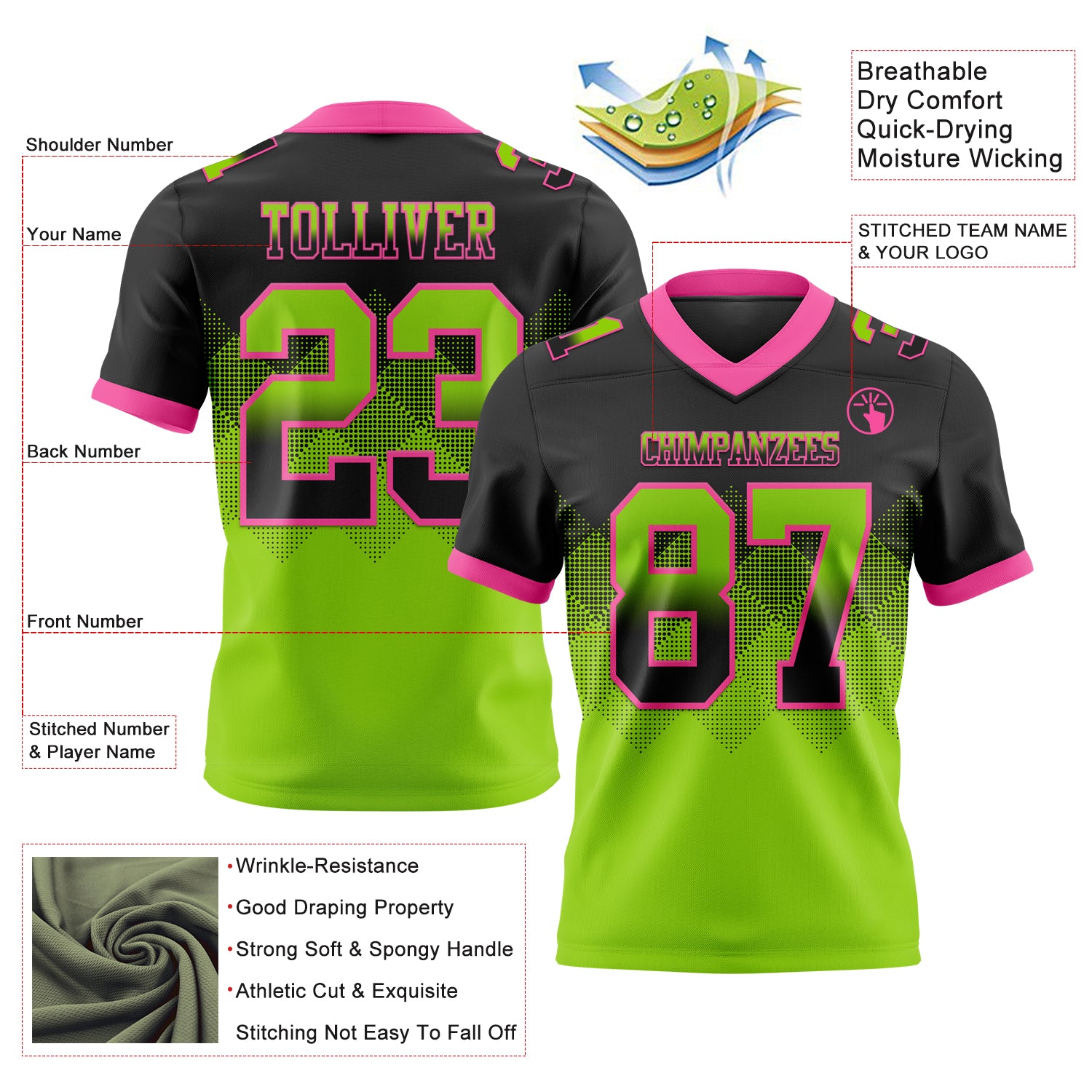 Custom Black Neon Green-Pink Authentic Gradient Square Shape Flag Football Jersey