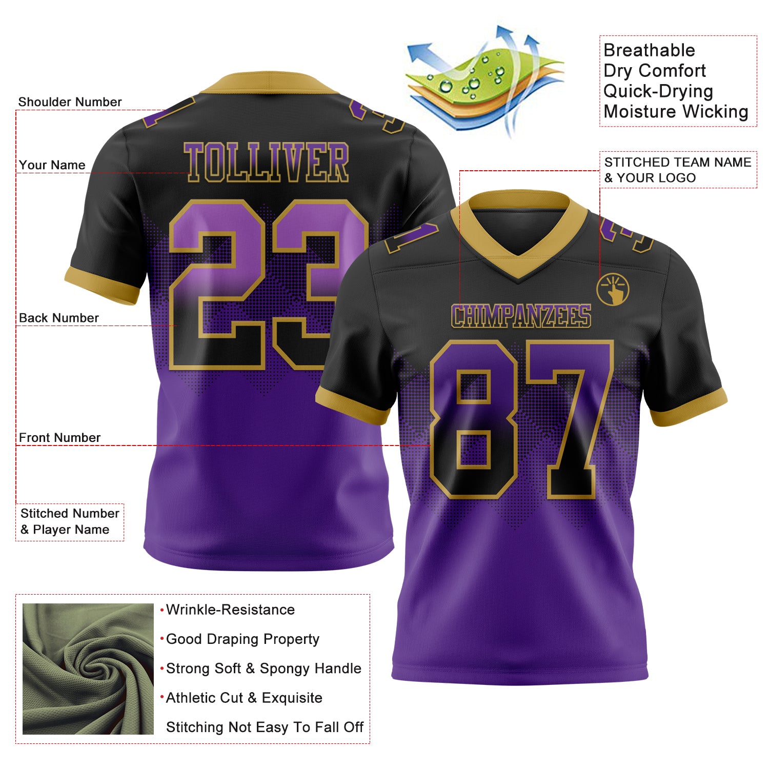 Custom Black Purple-Old Gold Authentic Gradient Square Shape Flag Football Jersey