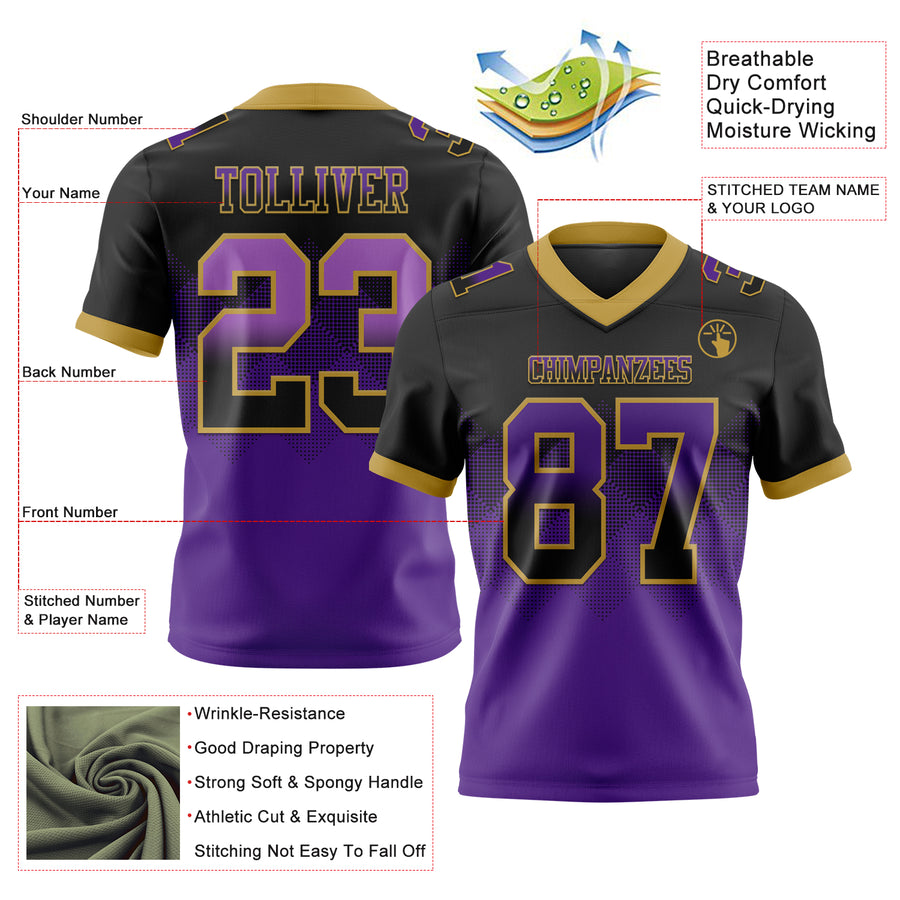 Custom Black Purple-Old Gold Authentic Gradient Square Shape Flag Football Jersey