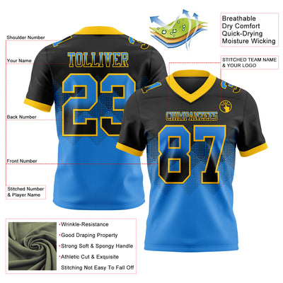 Custom Black Powder Blue-Yellow Authentic Gradient Square Shape Flag Football Jersey