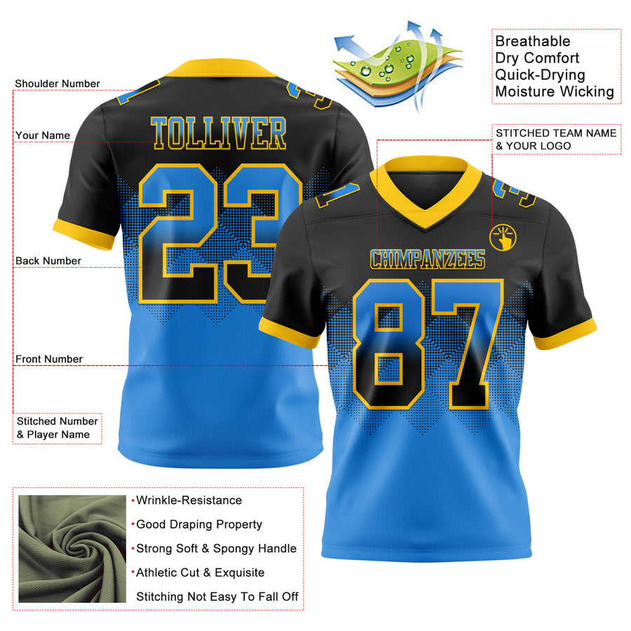 Custom Black Powder Blue-Yellow Authentic Gradient Square Shape Flag Football Jersey