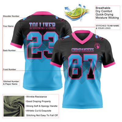 Custom Black Sky Blue-Pink Authentic Gradient Square Shape Flag Football Jersey