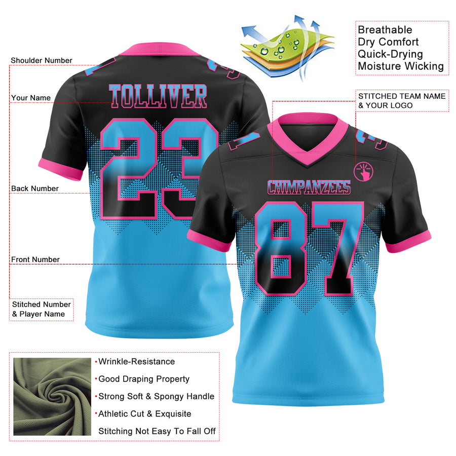 Custom Black Sky Blue-Pink Authentic Gradient Square Shape Flag Football Jersey
