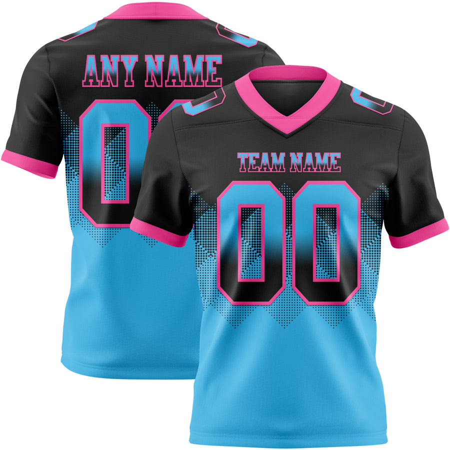 Custom Black Sky Blue-Pink Authentic Gradient Square Shape Flag Football Jersey