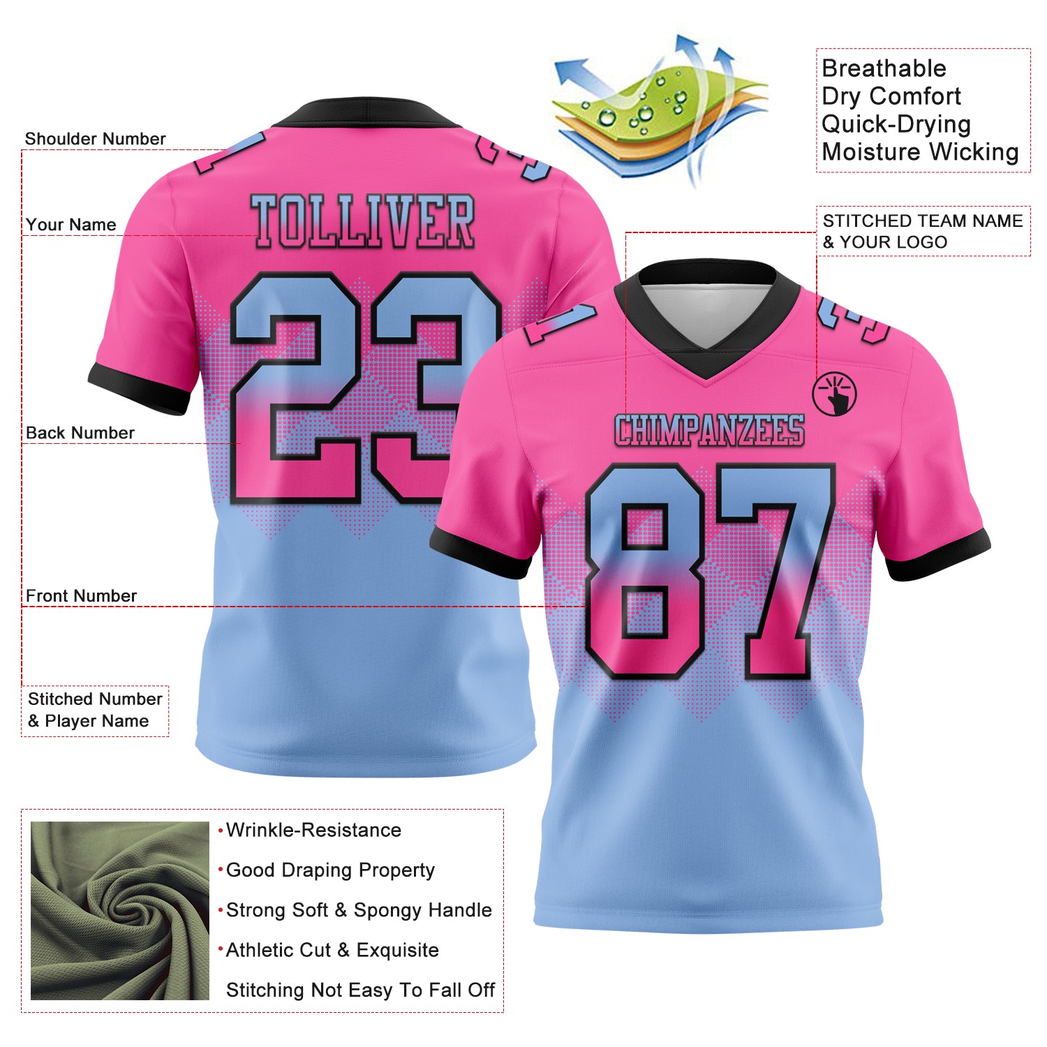 Custom Pink Light Blue-Black Authentic Gradient Square Shape Flag Football Jersey
