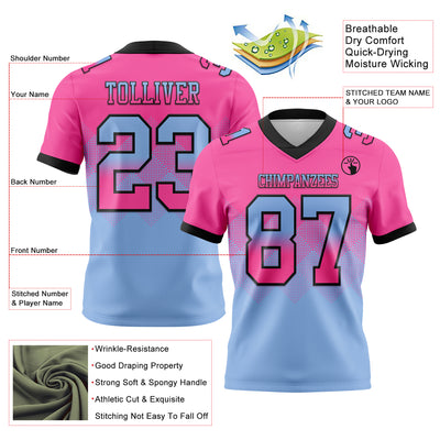 Custom Pink Light Blue-Black Authentic Gradient Square Shape Flag Football Jersey