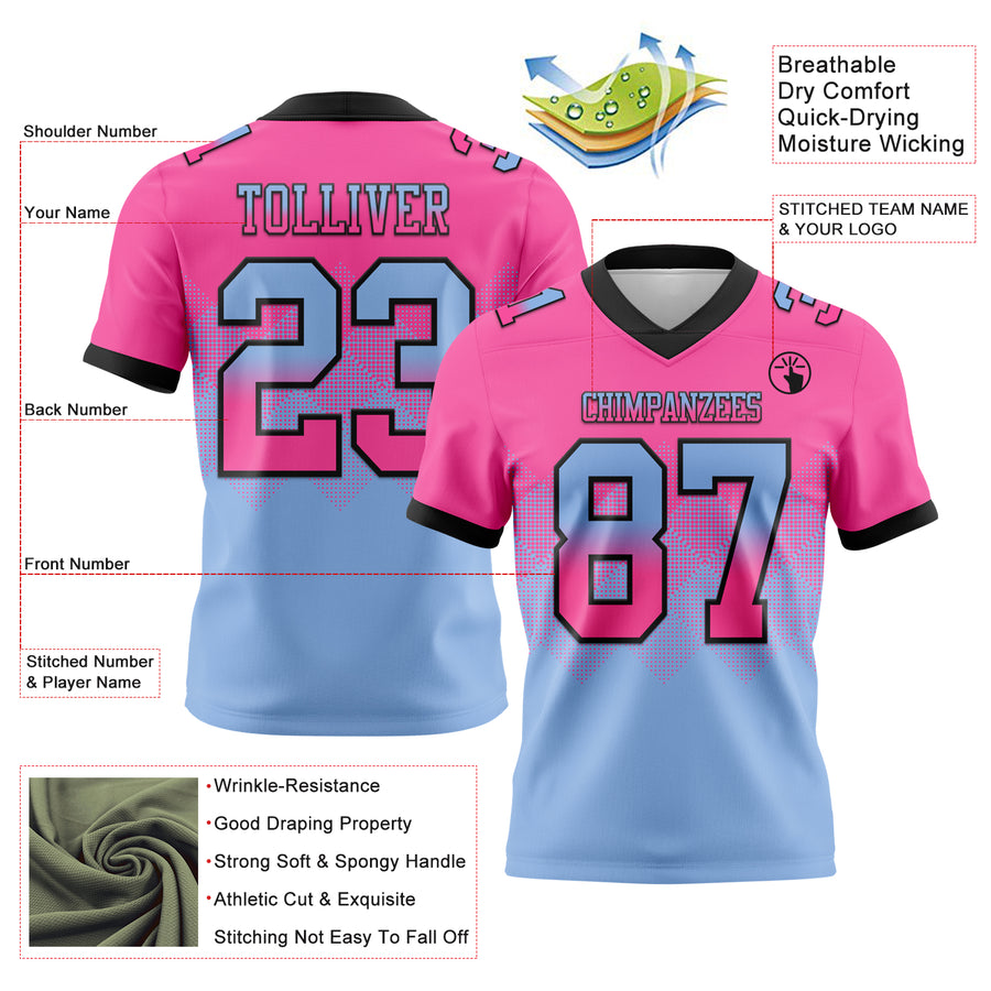 Custom Pink Light Blue-Black Authentic Gradient Square Shape Flag Football Jersey