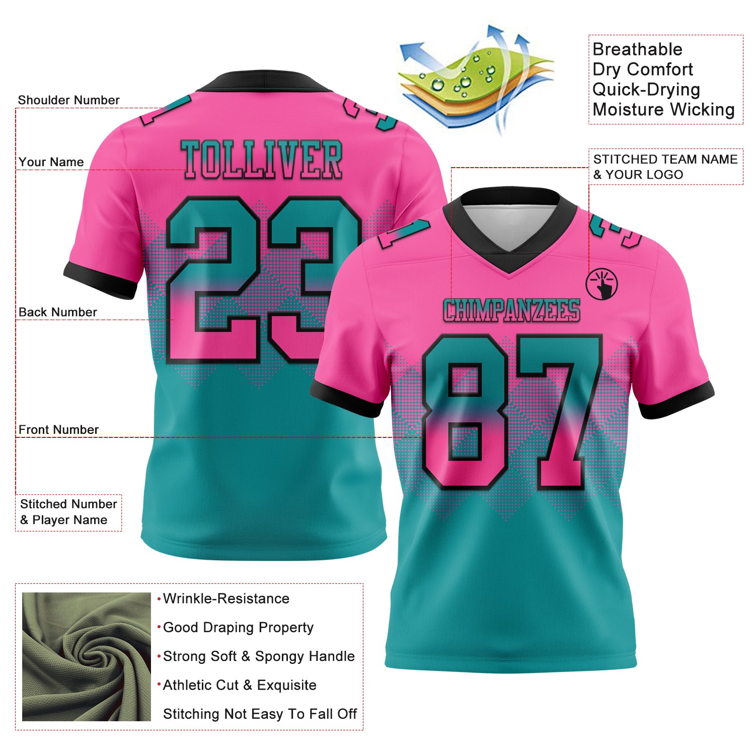 Custom Pink Teal-Black Authentic Gradient Square Shape Flag Football Jersey