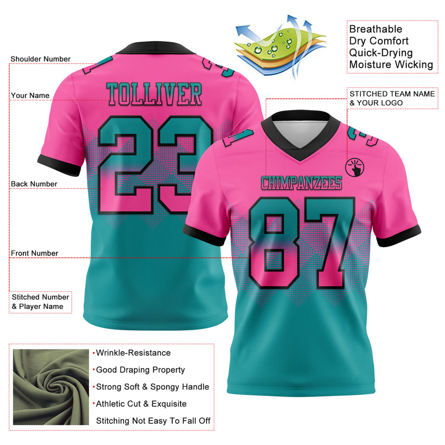 Custom Pink Teal-Black Authentic Gradient Square Shape Flag Football Jersey