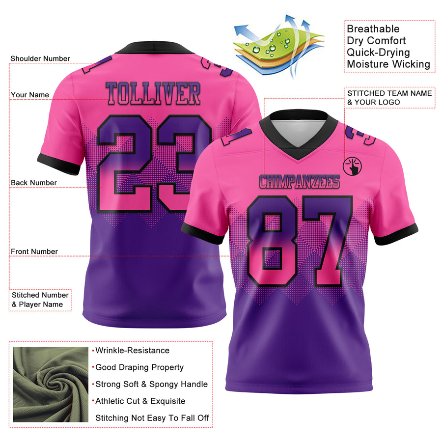 Custom Pink Purple-Black Authentic Gradient Square Shape Flag Football Jersey