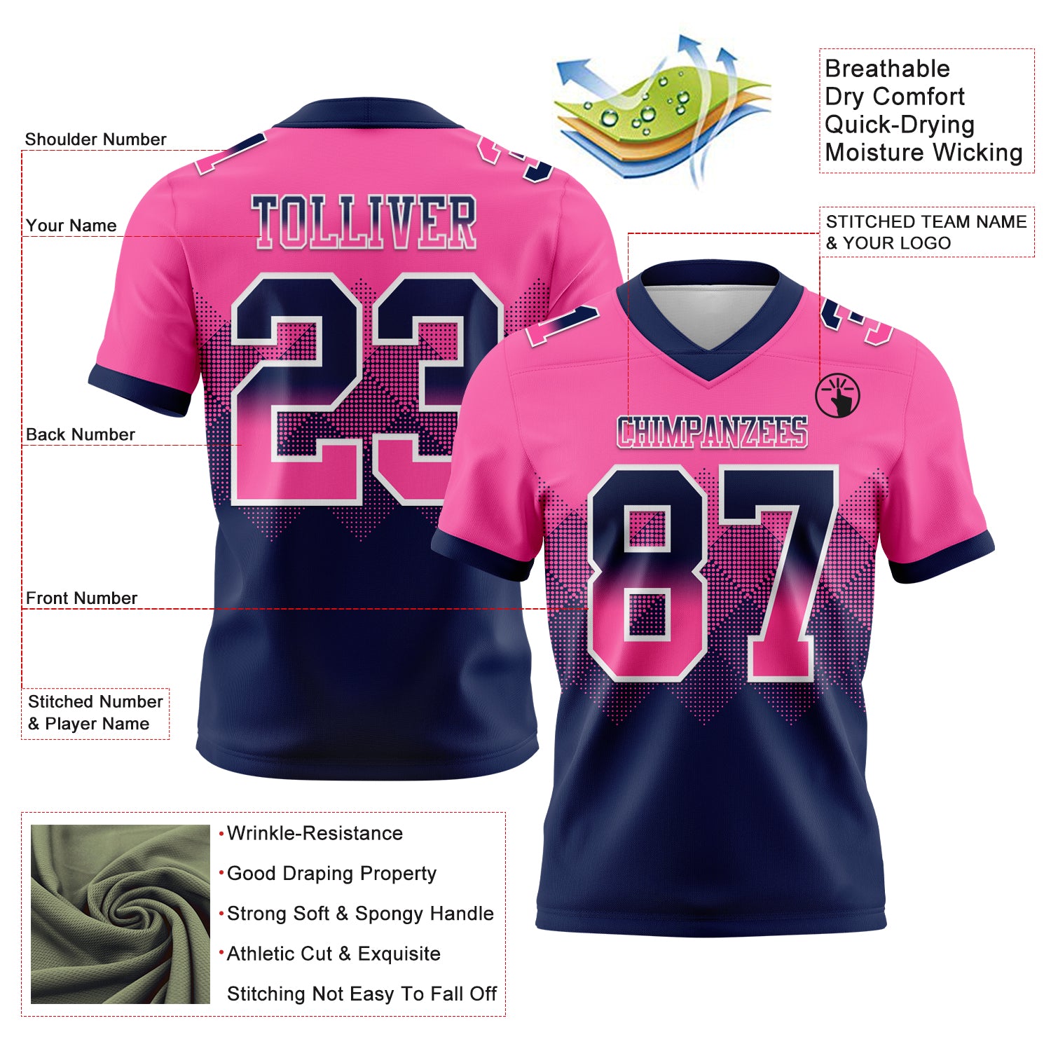 Custom Pink Navy-White Authentic Gradient Square Shape Flag Football Jersey