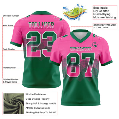 Custom Pink Kelly Green-White Authentic Gradient Square Shape Flag Football Jersey