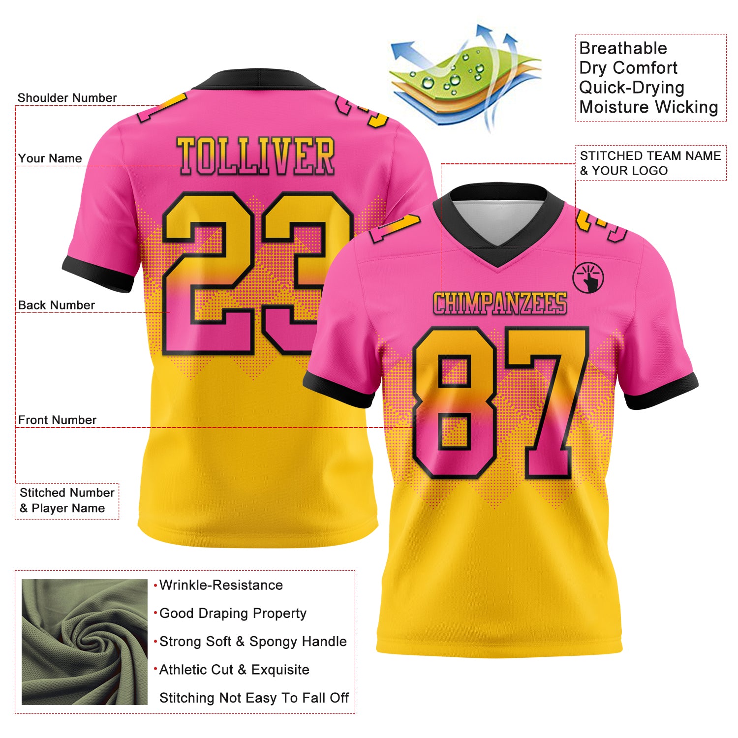 Custom Pink Yellow-Black Authentic Gradient Square Shape Flag Football Jersey