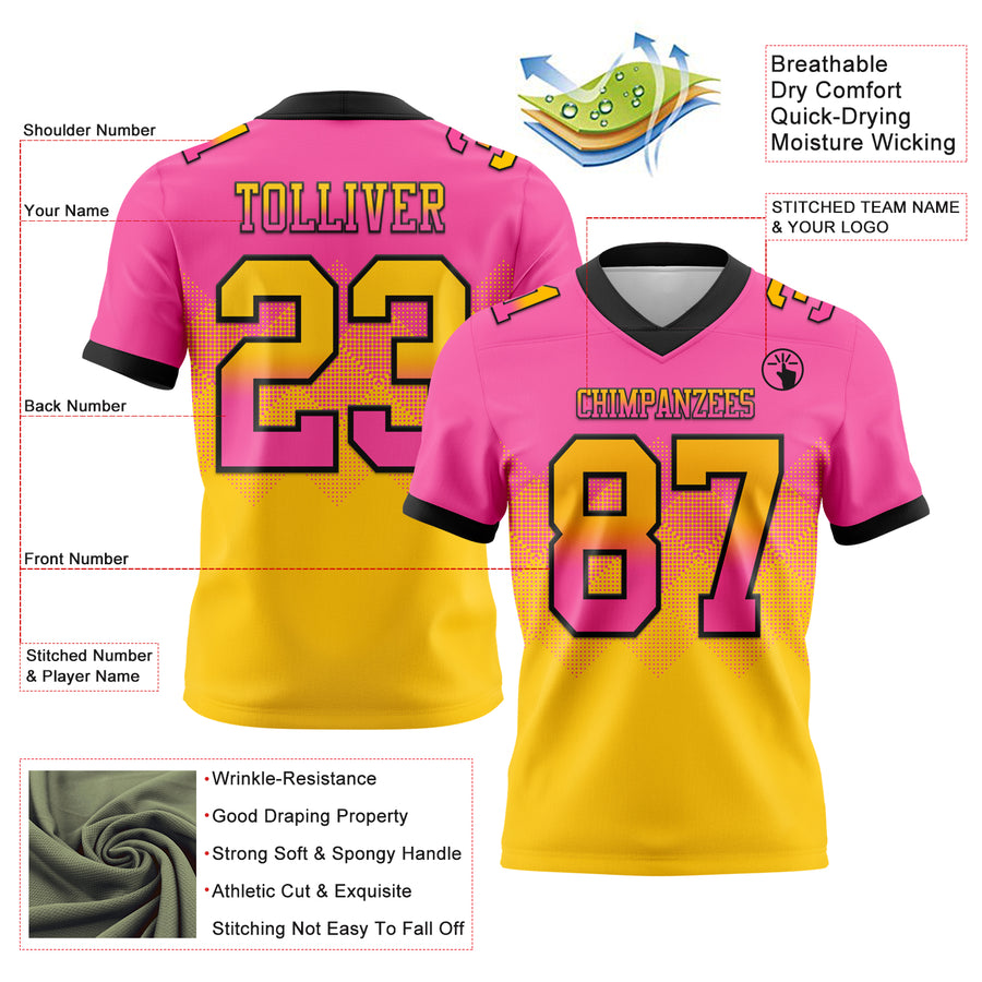 Custom Pink Yellow-Black Authentic Gradient Square Shape Flag Football Jersey