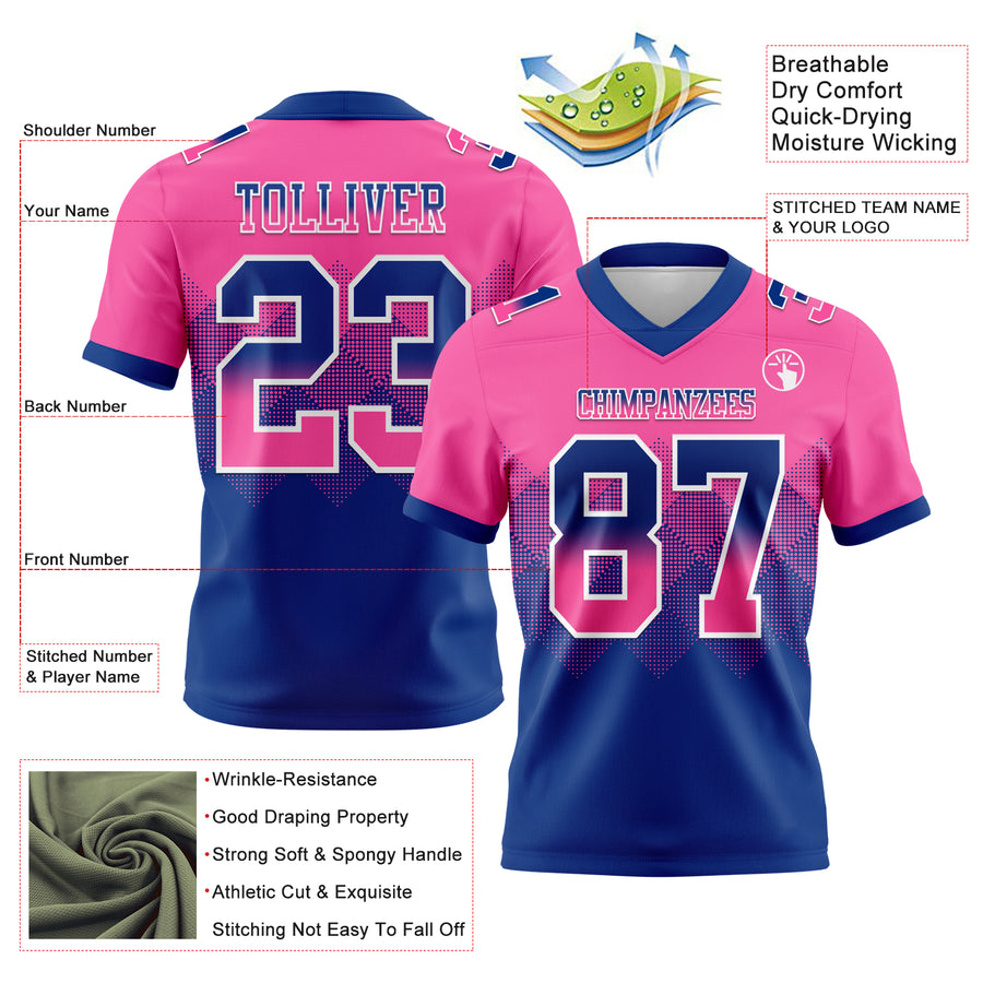Custom Pink Royal-White Authentic Gradient Square Shape Flag Football Jersey