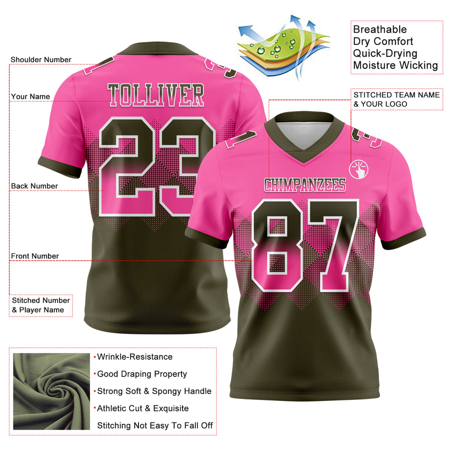 Custom Pink Olive-White Authentic Gradient Square Shape Flag Football Jersey